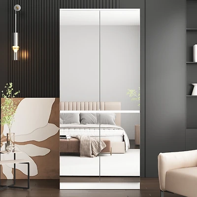 Famapy White High Gloss Mirrored Doors Wardrobe Armoires with Mirror Doors
