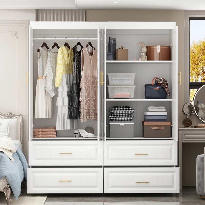 Famapy White Wooden 4-Door Super Large Bedroom Armoire Wardrobe with Hanging Bars