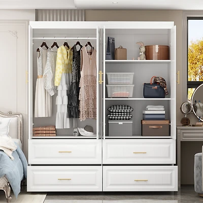 Famapy White Wooden 4-Door Super Large Bedroom Armoire Wardrobe with Hanging Bars
