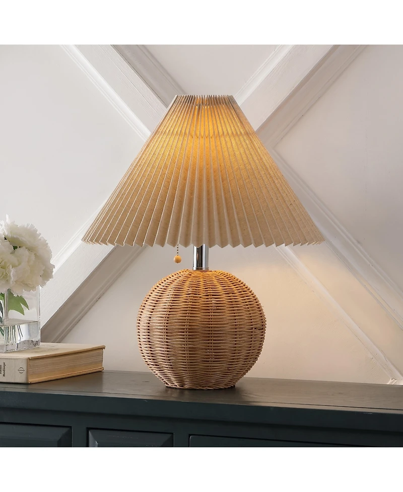 Jonathan Y Aksel 17.25" Coastal Scandinavian Resin/Iron Sphere Led Table Lamp with Pleated Shade and Pull Chain, Beige Wood Finish/White