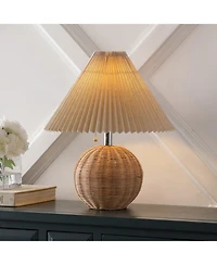 Jonathan Y Aksel 17.25" Coastal Scandinavian Resin/Iron Sphere Led Table Lamp with Pleated Shade and Pull Chain, Beige Wood Finish/White