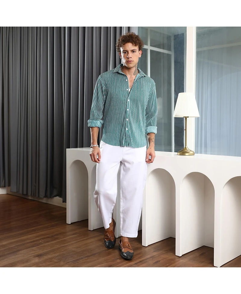 Campus Sutra Men's Forest Green & Powder White Pleat-Creased Shirt
