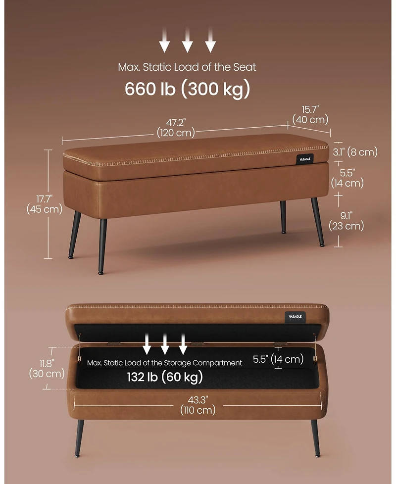 Songmics Home Mid-Century Modern Storage Ottoman Bench with Steel Legs, Black
