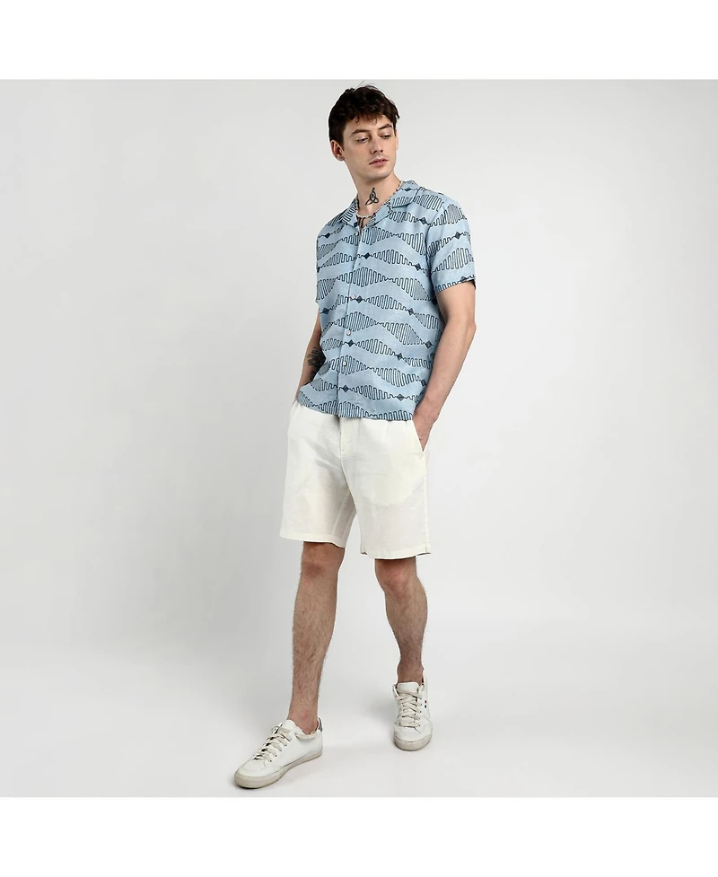 Men's Icy Blue Embroidered Geometric-Lined Shirt