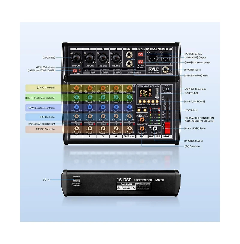 Pyle Compact 6-Channel Audio Mixer Pro Audio Interface with Multi-fx Processor