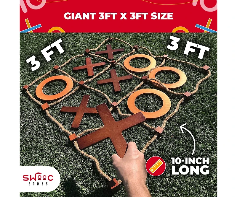 Swooc Games - Giant Wooden Tic Tac Toe Game (All Weather) | 3ft x 3ft | Big Wood X & O Pieces with Rope Game Board | Tic Tac Toe Board