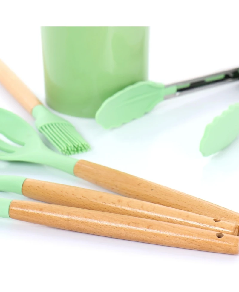 MegaChef Mint Green Silicone and Wood Cooking Utensils, Set of 12