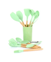 MegaChef Mint Green Silicone and Wood Cooking Utensils, Set of 12