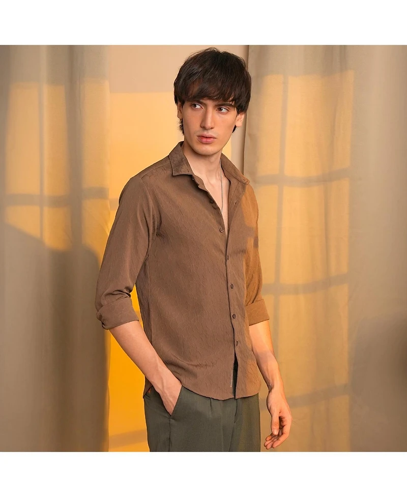 Campus Sutra Men's Ash Brown Veined-Textured Shirt