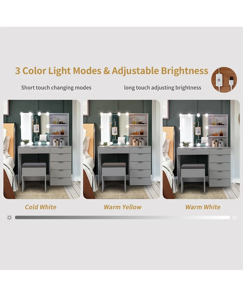 Slickblue White Dressing Table Set with 6 Pumps, 2 Shelves, Mirror Cabinet & 3-Tone Light Bulbs