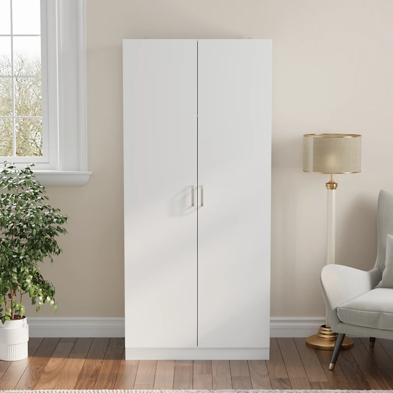 Famapy White 2-Doors Armoire Wardrobe with Hanging Rod and Storage Shelves
