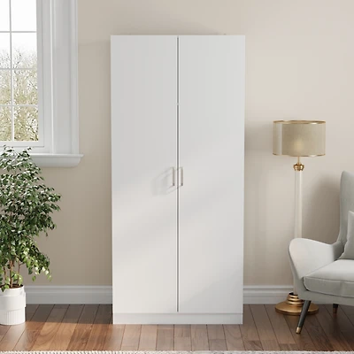 Famapy White 2-Doors Armoire Wardrobe with Hanging Rod and Storage Shelves