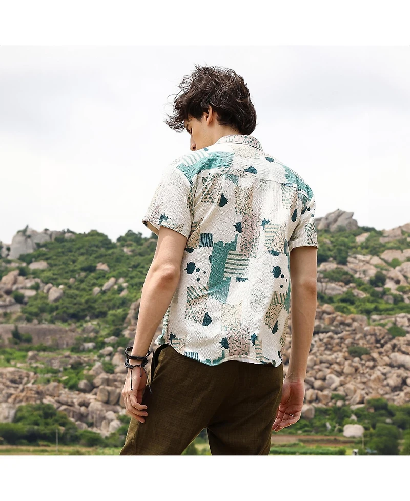 Men's Forest Green & Bone Beige Abstract Seersucker Shirt