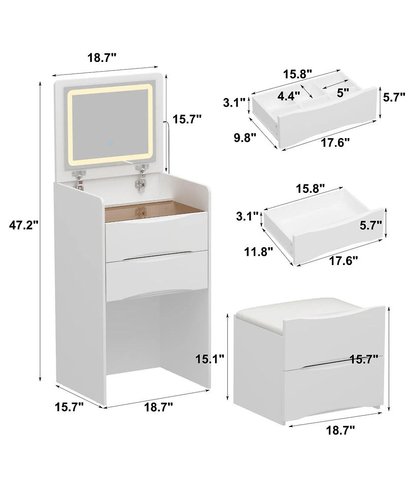 Homsee Led Light White Wood 3-Drawer Chest of Drawers with Flip-top Mirror