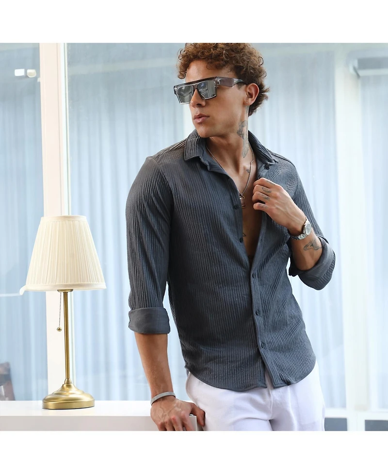 Campus Sutra Men's Powder Grey Solid Creased Shirt