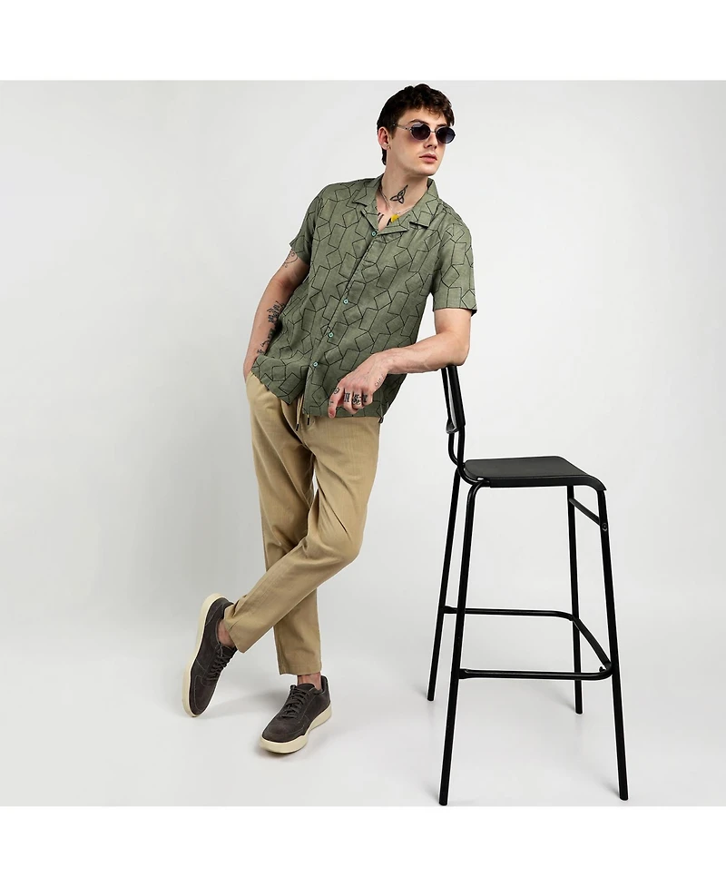 Men's Olive Green Embroidered Geometric-Lined Shirt