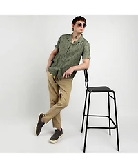 Men's Olive Green Embroidered Geometric-Lined Shirt