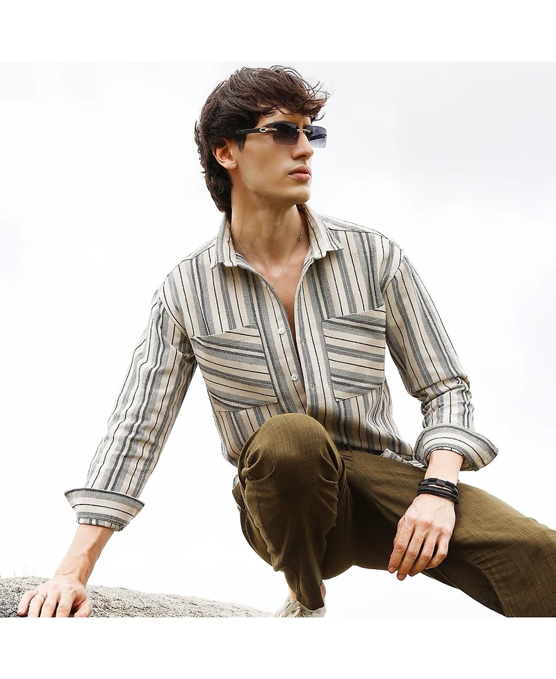Campus Sutra Men's Bone Beige & Cloud Grey Multitrack Striped Oversized Shirt