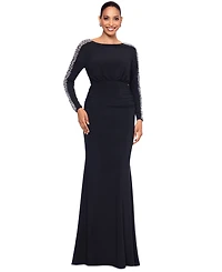 Betsy & Adam Women's Beaded-Sleeve Ruched Gown