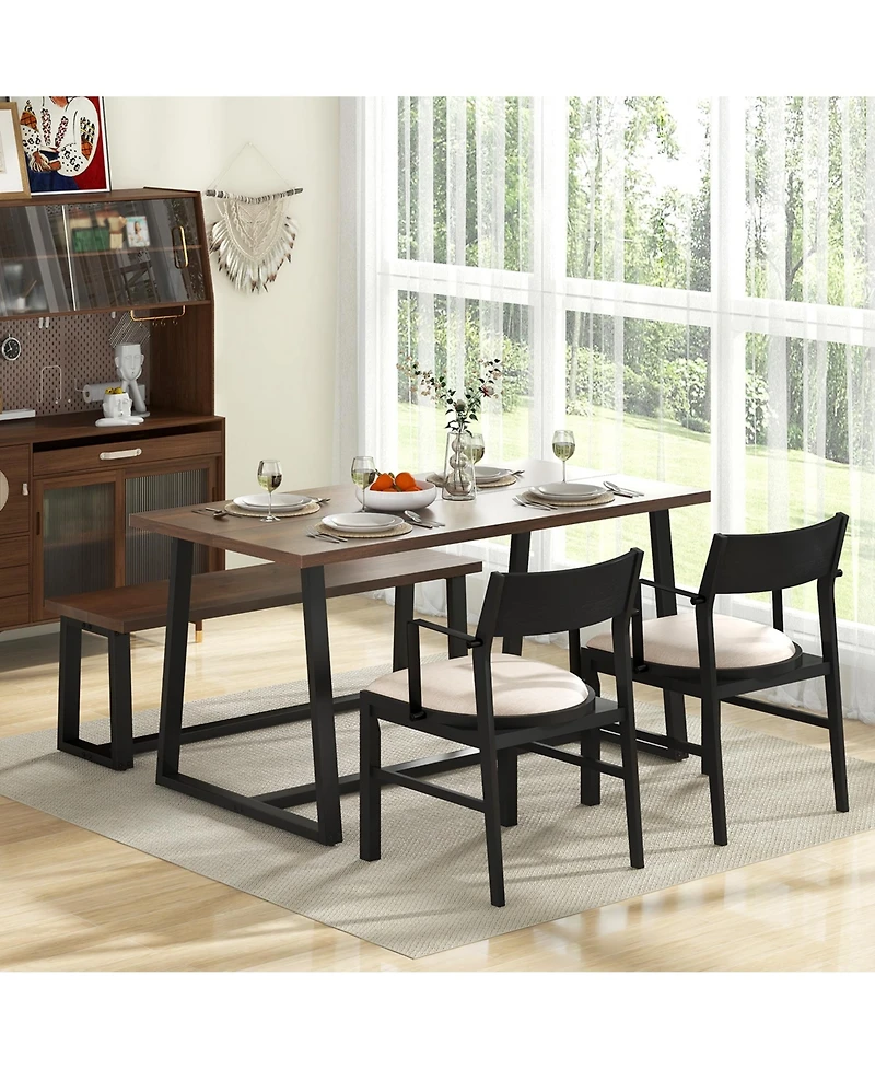 4 Pieces Dining Table Set Kitchen Table with 2 Armchairs & 1 Bench for 4