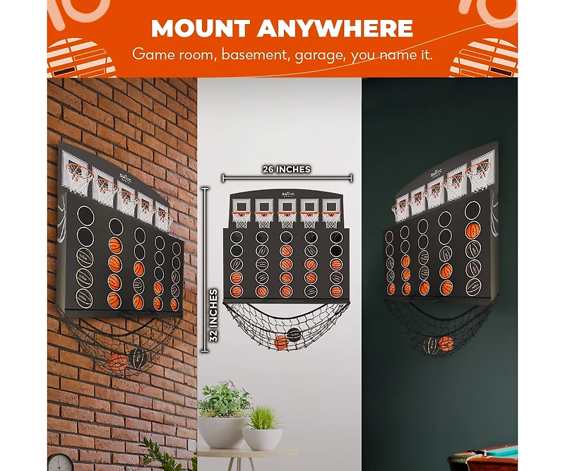 Low Post Lineup | Wall Mounted Giant Basketball 4 In a Row w/ 5+Games | Basketball Hoop For Room Wall Games | Mini Hoop