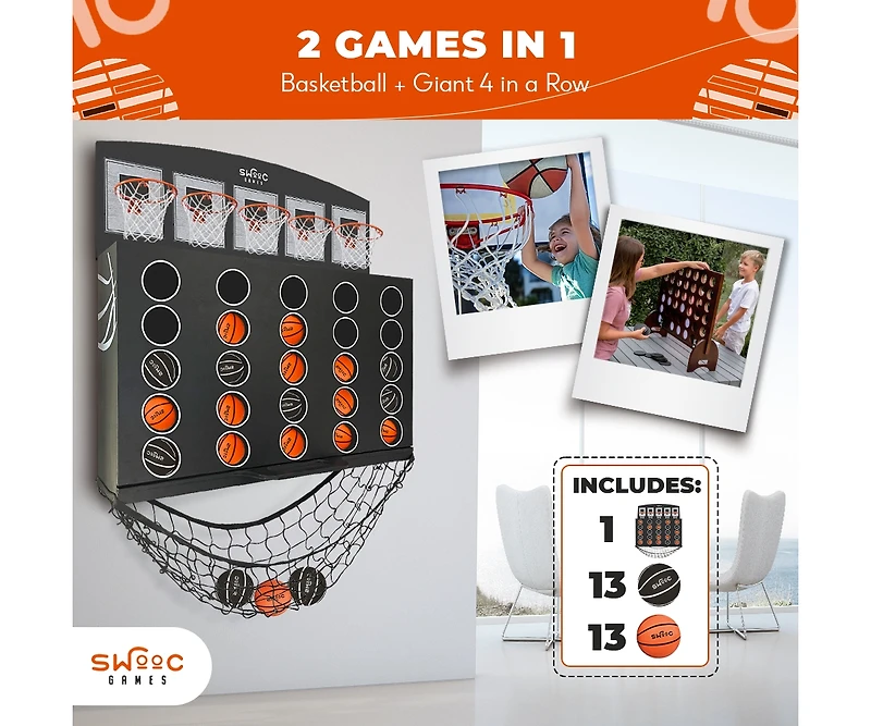 Low Post Lineup | Wall Mounted Giant Basketball 4 In a Row w/ 5+Games | Basketball Hoop For Room Wall Games | Mini Hoop