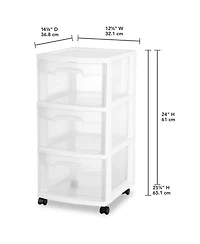 Sterilite 3 Drawer Storage Cart, Plastic Rolling Organizer with Wheels, 2 Pack