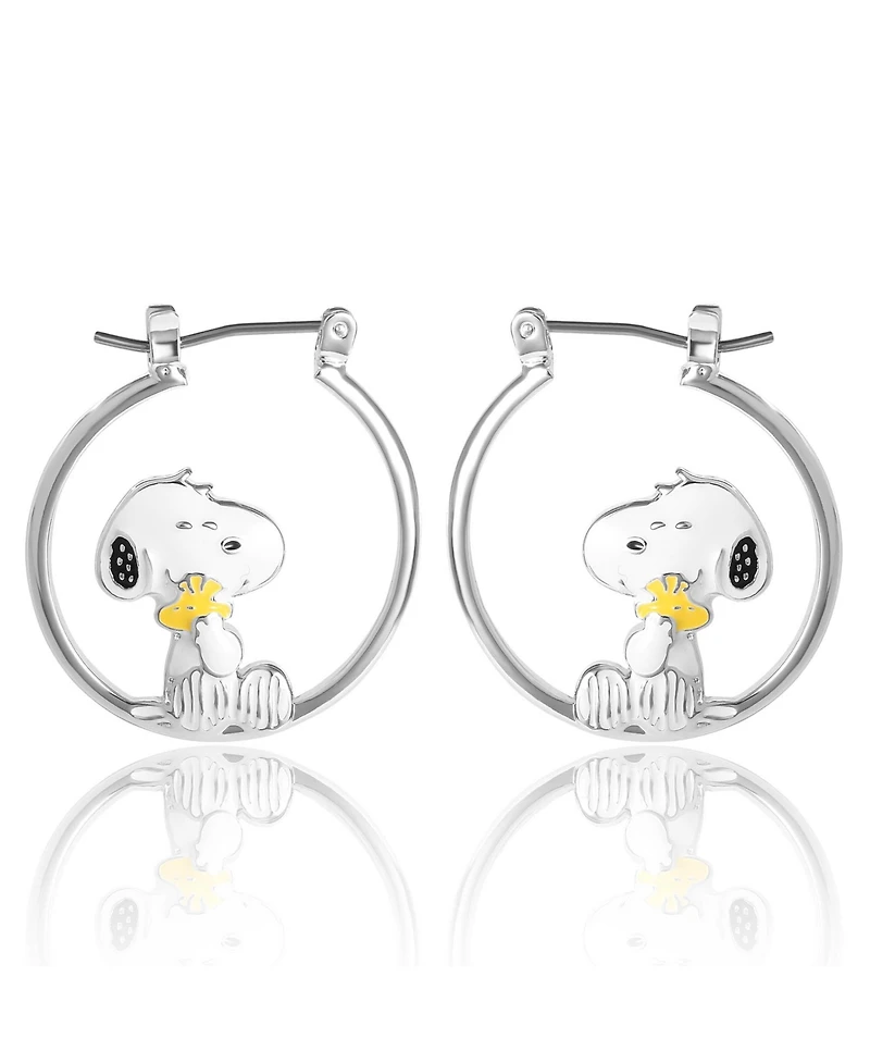Peanuts Snoopy Hugging Woodstock Enamel Hoop Earrings - Cute Cartoon Character Jewelry
