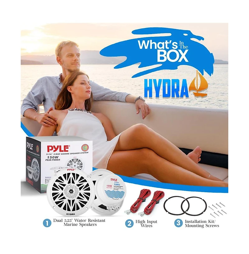 Pyle 5.25'' Marine Component Speakers, Water Resistant, 150 Watt, White