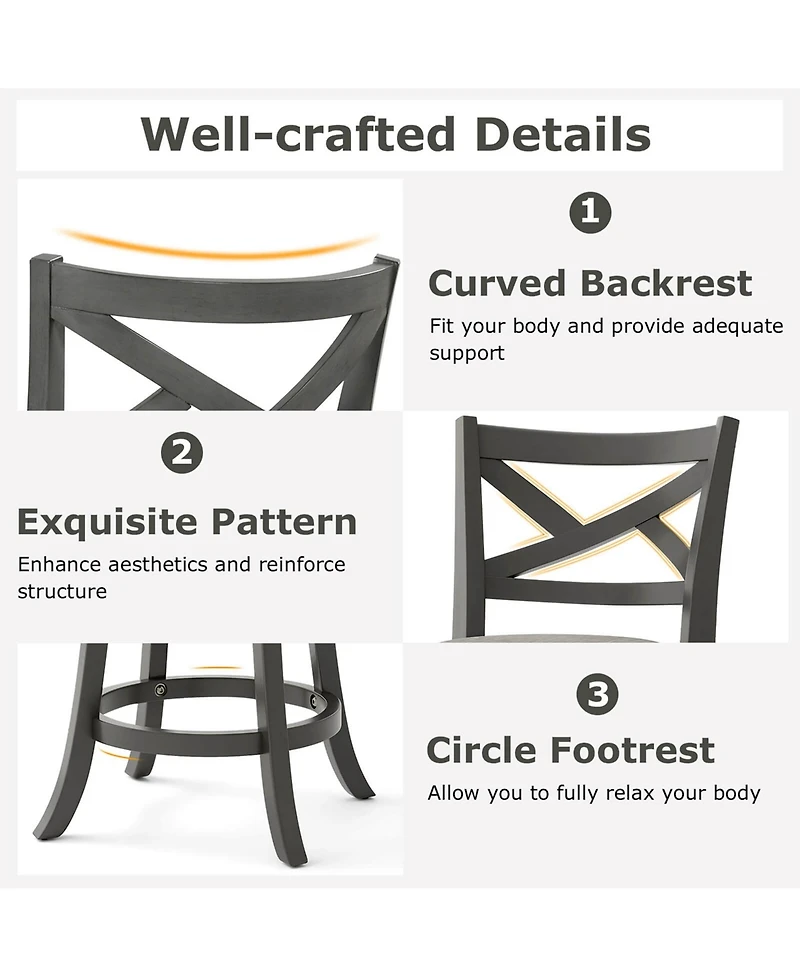 Swivel Bar Stools Set of 2 Counter Height Chairs with Hollow Back Soft-padded Seat