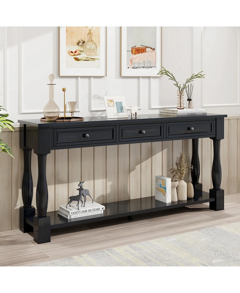 63-Inch Entryway Console Table – Long Sofa with Storage Drawers and Open Bottom Shelf