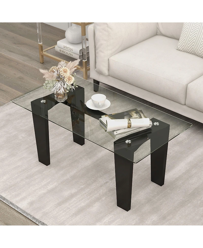 Gymax Rectangle Coffee Table Modern Tempered Glass Top Accent Table Black