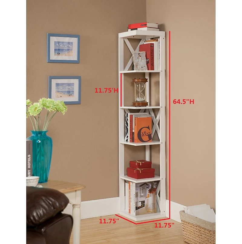 Kings Brand Furniture - Whiteley Wood Wall Corner 5 Tier Bookshelf Display Stand, White