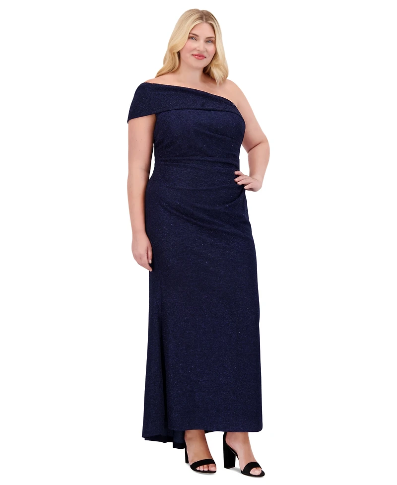 Eliza J Plus Size Metallic One-Shoulder Gown