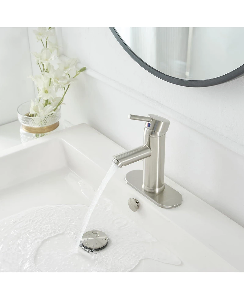 Greenspring Brushed Nickel Bathroom Faucet Single Hole Single Handle Aerator Spout Saving Water Lavatory Vanity Sink Faucet Matching Pop Up Drain with