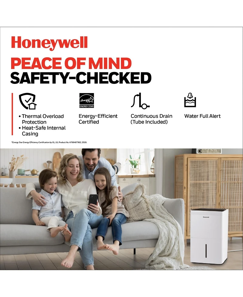 Honeywell 2024 New! 50-Pint Energy Star Dehumidifier for 4,000 Sq Ft – Laundry Mode, Auto-Comfort Mode & Thermal Overload Protection, TPFIT50WK