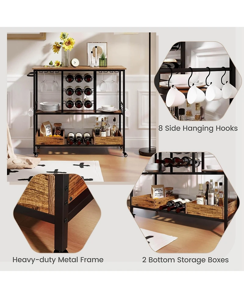 Costway 3 Tiers Bar Cart Home Serving on Wheels with Glass Racks Wine Holders