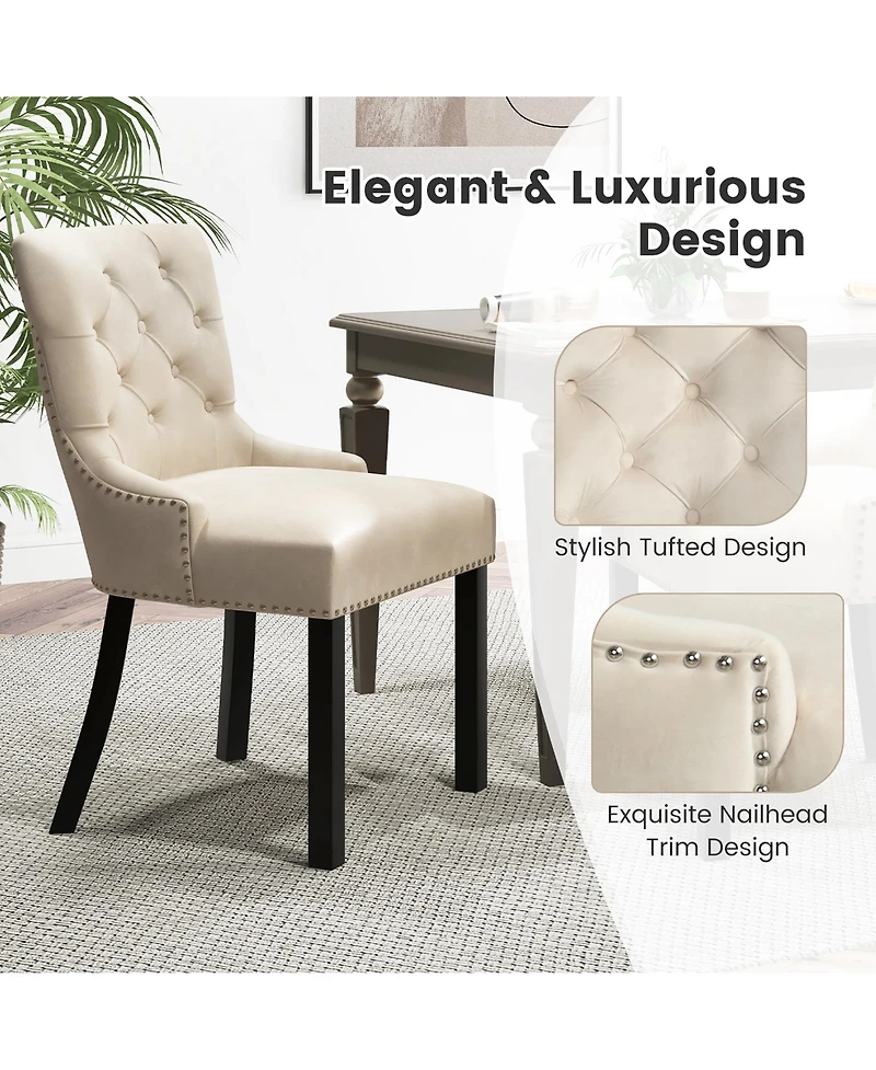 Gymax Upholstered Dining Chairs Set of 2 w/ Rubber Wood Legs Padded Seat Nailhead Trim Beige