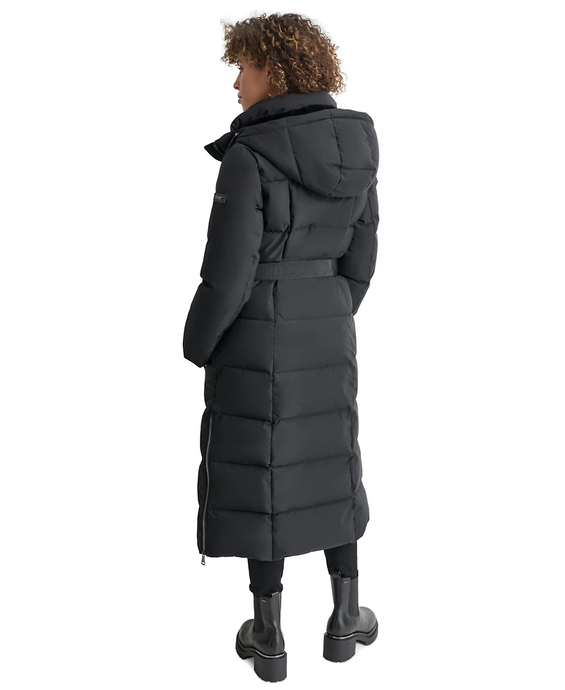 Dkny Womens Maxi Belted Hooded Puffer Coat