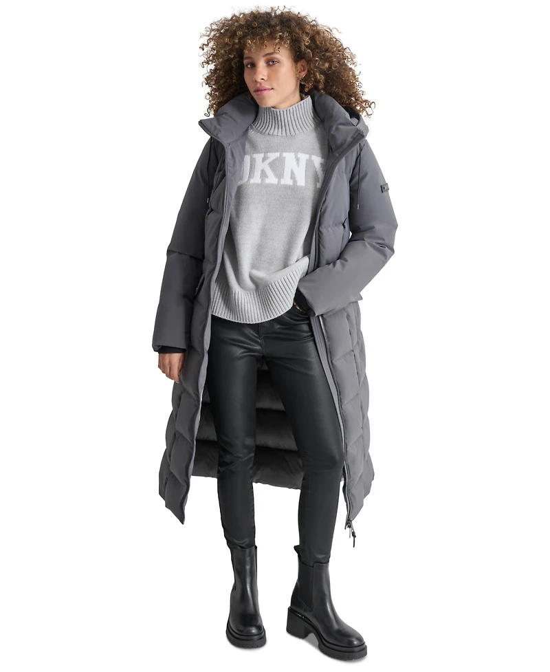Dkny Womens Maxi Belted Hooded Puffer Coat