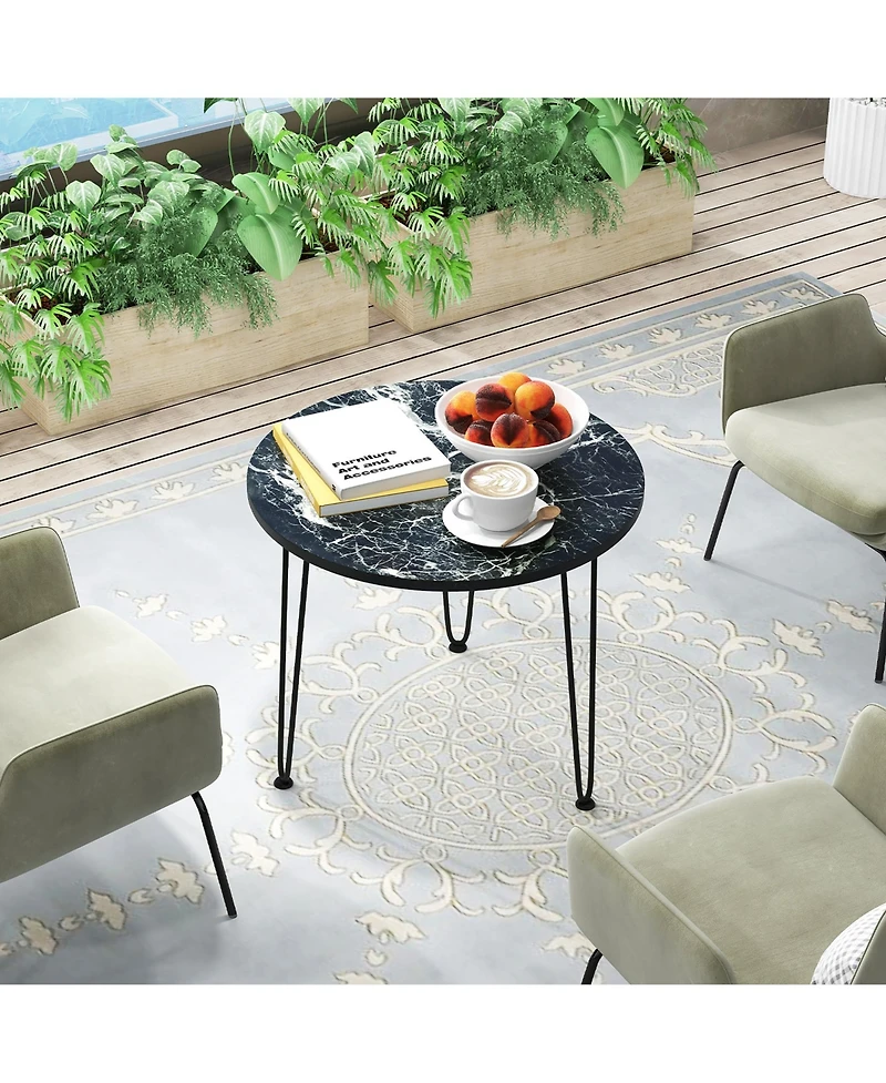 Gymax Small Round Coffee Table w/ Thickened Tabletop & Metal Tripod Legs Faux Marble Black