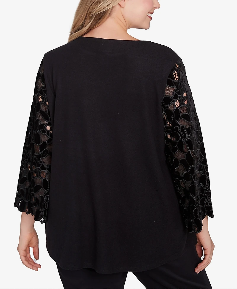 Ruby Rd. Plus Size Velvet Rosette Lace Sleeve Bejeweled Top