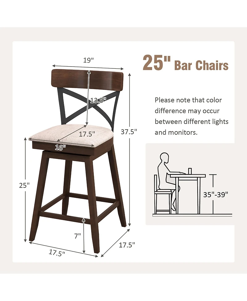 Set of 2 Wooden Swivel Bar Stools Upholstered Counter Height Dining Chairs