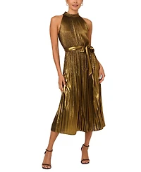 Adrianna Papell Women's Metallic Pleated Tie-Waist Halter Dress