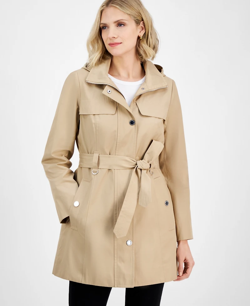 London Fog Women's Zip-Front Hooded Belted Trench Coat