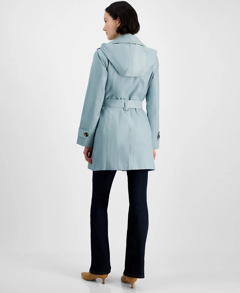 London Fog Petite Single-Breasted Hooded Belted Trench Coat