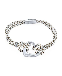 Bling Jewelry Double Strand Braided Leather Bracelet Heart Charms Stainless Steel
