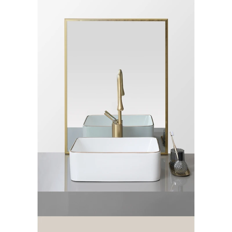 Simplie Fun White with gold trim Vessel Bathroom Sink Basin in White Ceramic Single Basin Ceramic Farmhouse Kitchen Sink with Basket Strainer