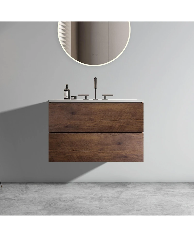 Simplie Fun Wall Mount 30" Walnut Bathroom Vanity with Ceramic Sink with three faucet holes, Large Storage Floating Bathroom Vanity for Modern Bathroo