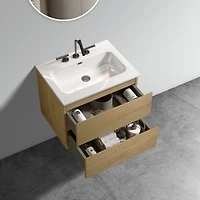 Streamdale 24" Oak Bathroom Vanity Wall Mount, Ceramic Sink, Storage